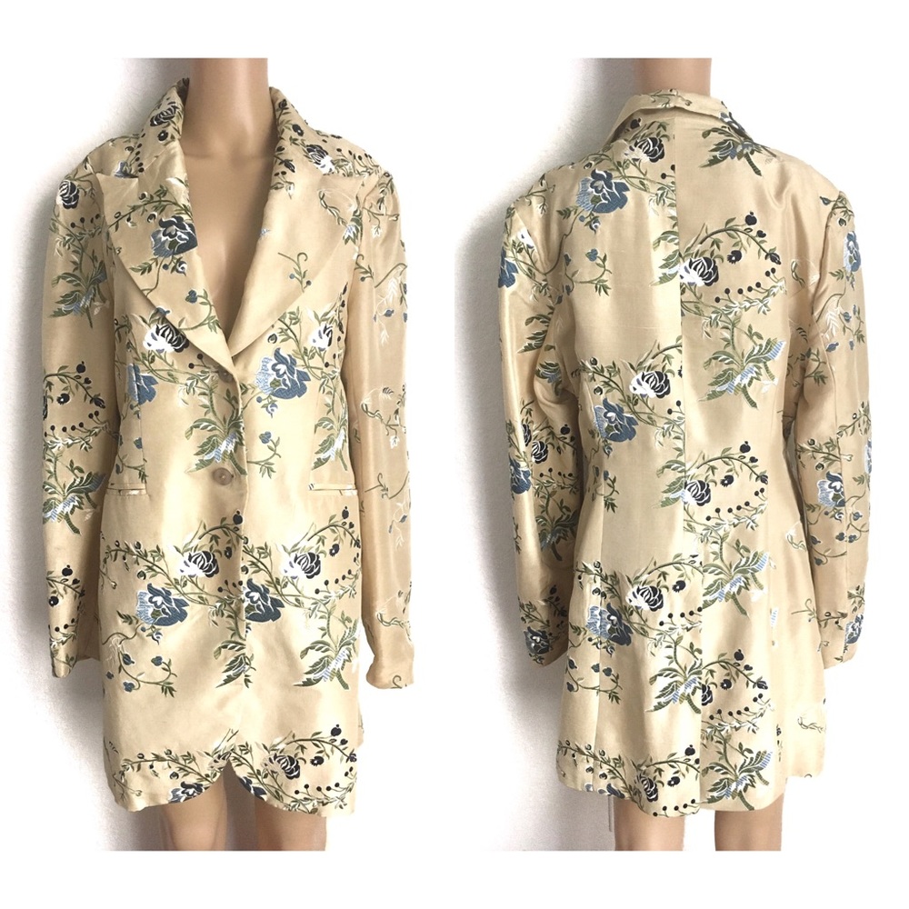 Vintage Cream Floral Pea Coat with Blue & Green Accents